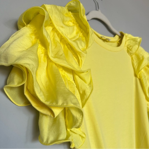 TCEC Solid Puff Sleeve Ruffle Trim Bodysuit | Yellow | Size: M | Women - Picture 4 of 9